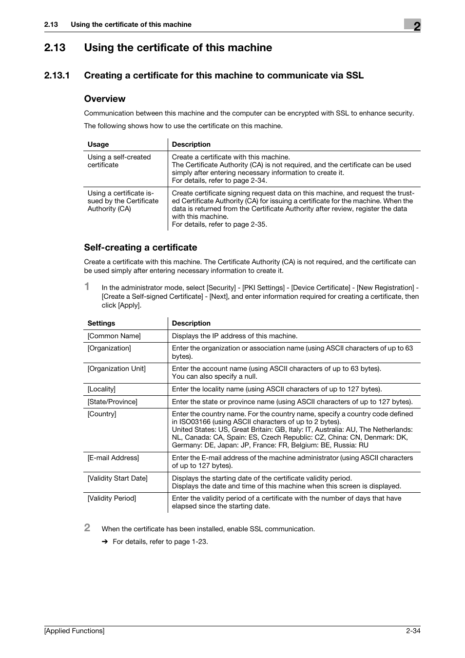 13 using the certificate of this machine, Overview, Self-creating a certificate | Using the certificate of this machine -34 | Konica Minolta bizhub 4750 User Manual | Page 99 / 149