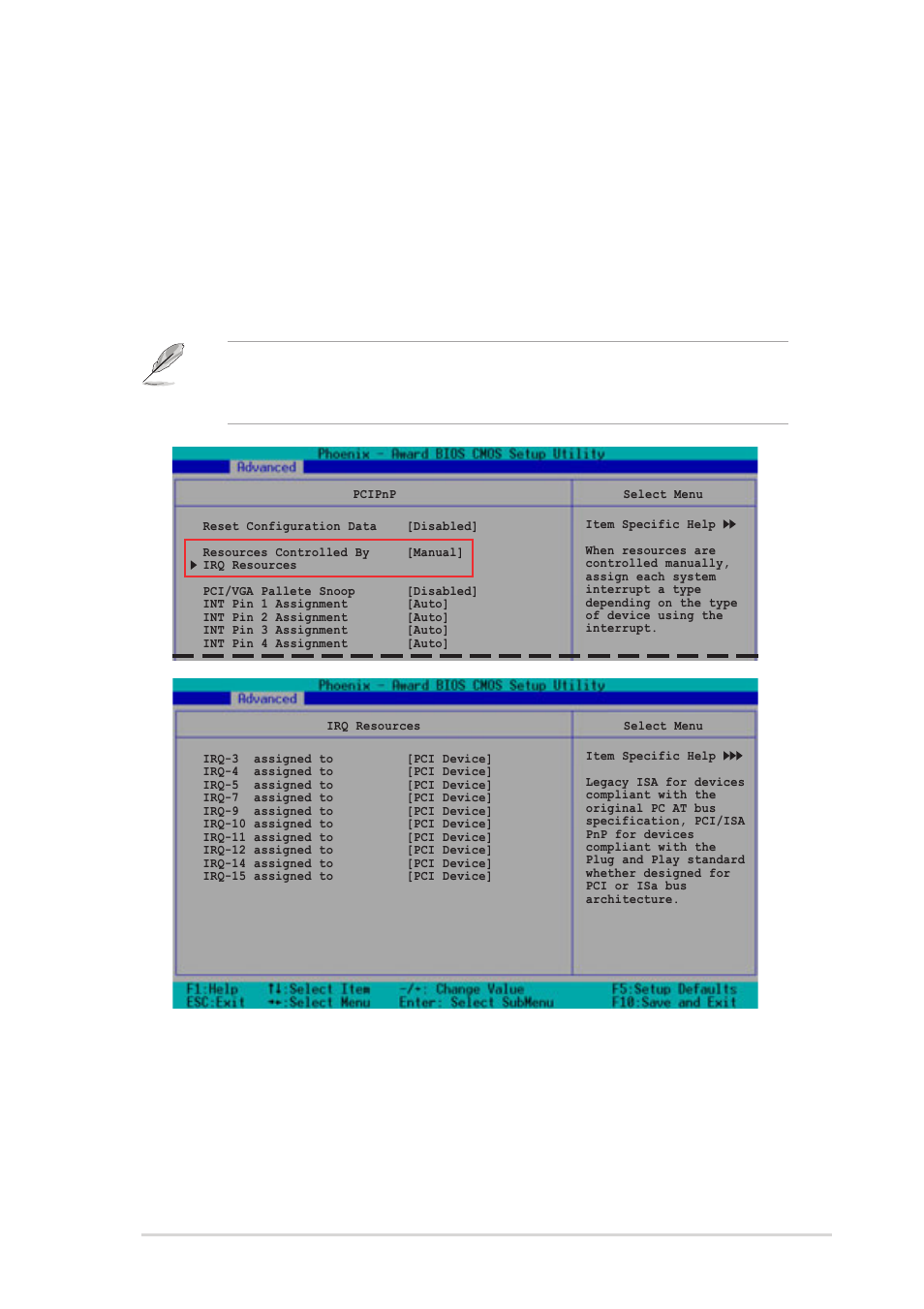 Irq resources, Int pin 1~8 assignment [auto, Irq-xx assigned to [pci device | Asus AP1720-E2 User Manual | Page 133 / 156