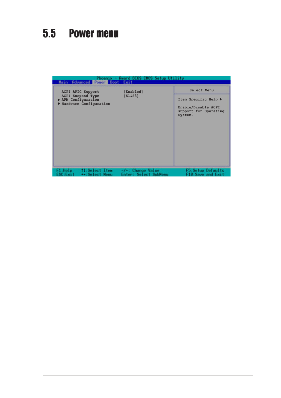 5 power menu, Acpi apic support [enabled, Acpi suspend type [s1&s3 | Asus AP1720-E2 User Manual | Page 135 / 156