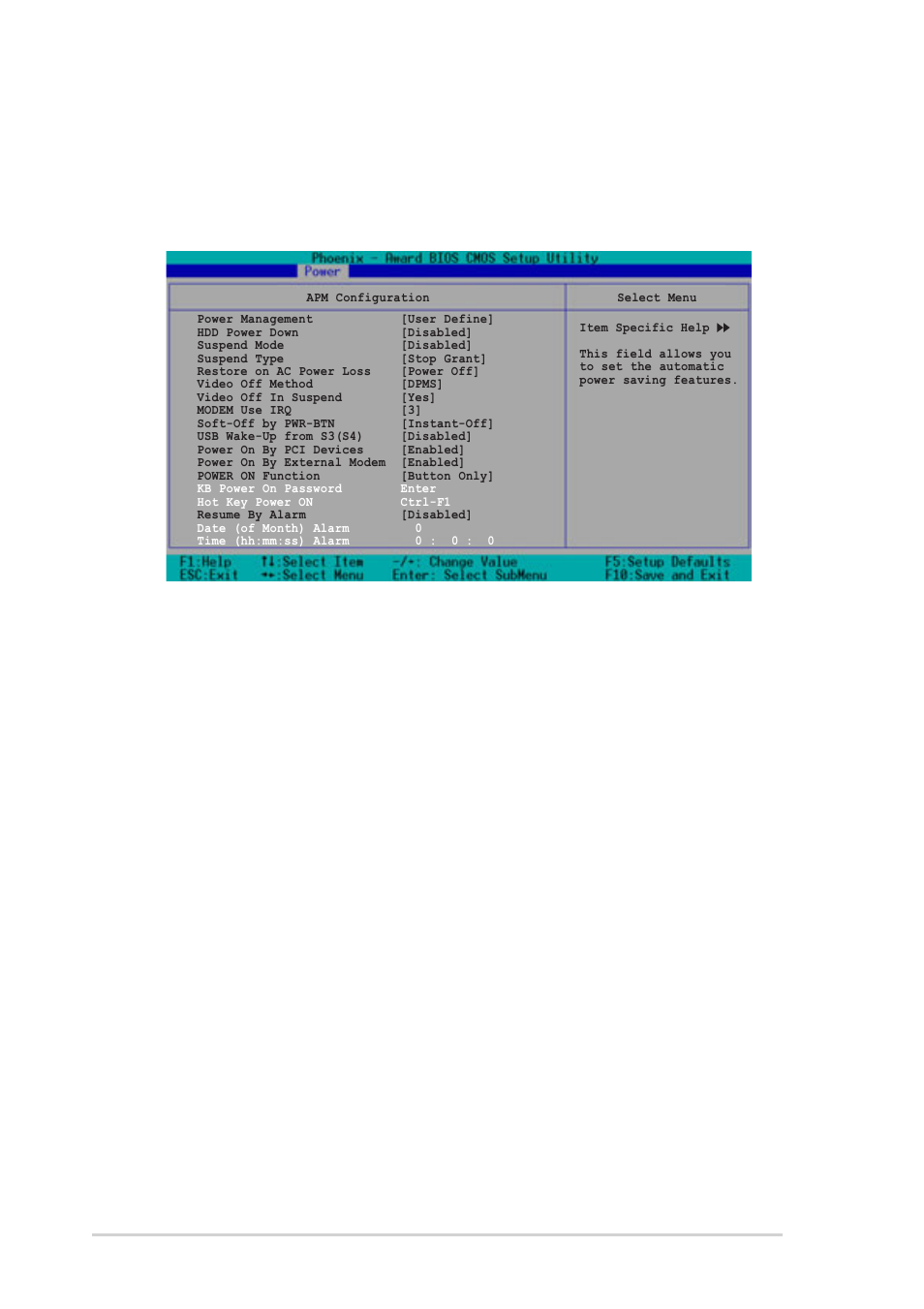 1 apm configuration, Power management [user define, Hdd power down [disabled | Suspend mode [disabled, Suspend type [stop grant, Restore on ac power loss [power off, Chapter 5: bios setup 5-32 | Asus AP1720-E2 User Manual | Page 136 / 156