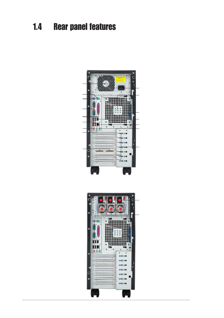 4 rear panel features, Single power supply models, Redundant power supply models | Asus AP1720-E2 User Manual | Page 16 / 156