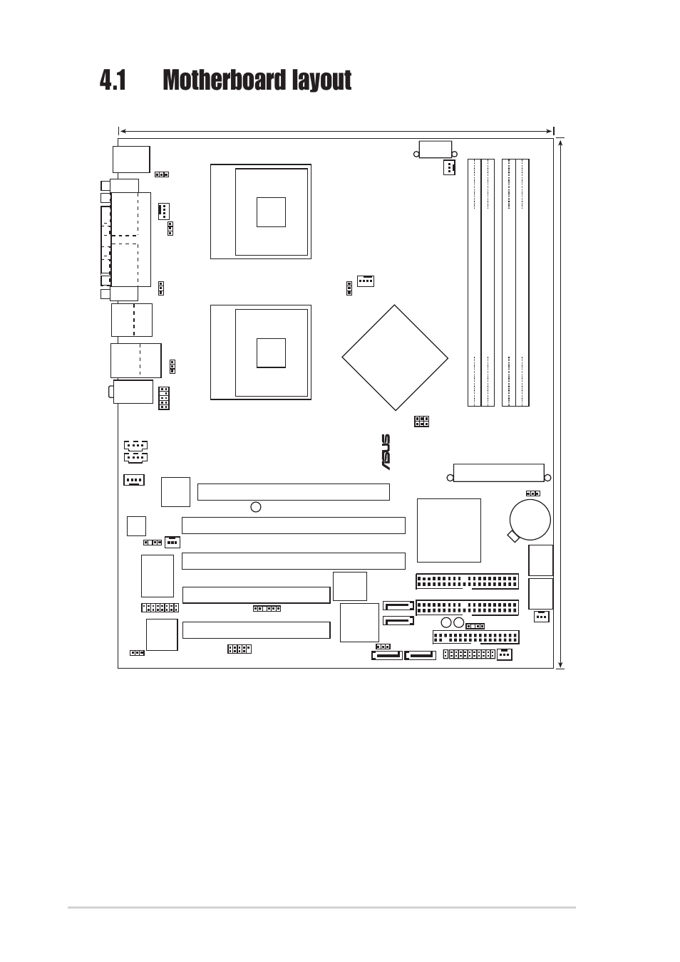 1 motherboard layout, Chapter 4: motherboard info 4-2, Intel | Mpga 604, Super i/o, Atxpwr1, Accelerated graphics port (agp8x1), Bit, 66mhz 3v) | Asus AP1720-E2 User Manual | Page 90 / 156