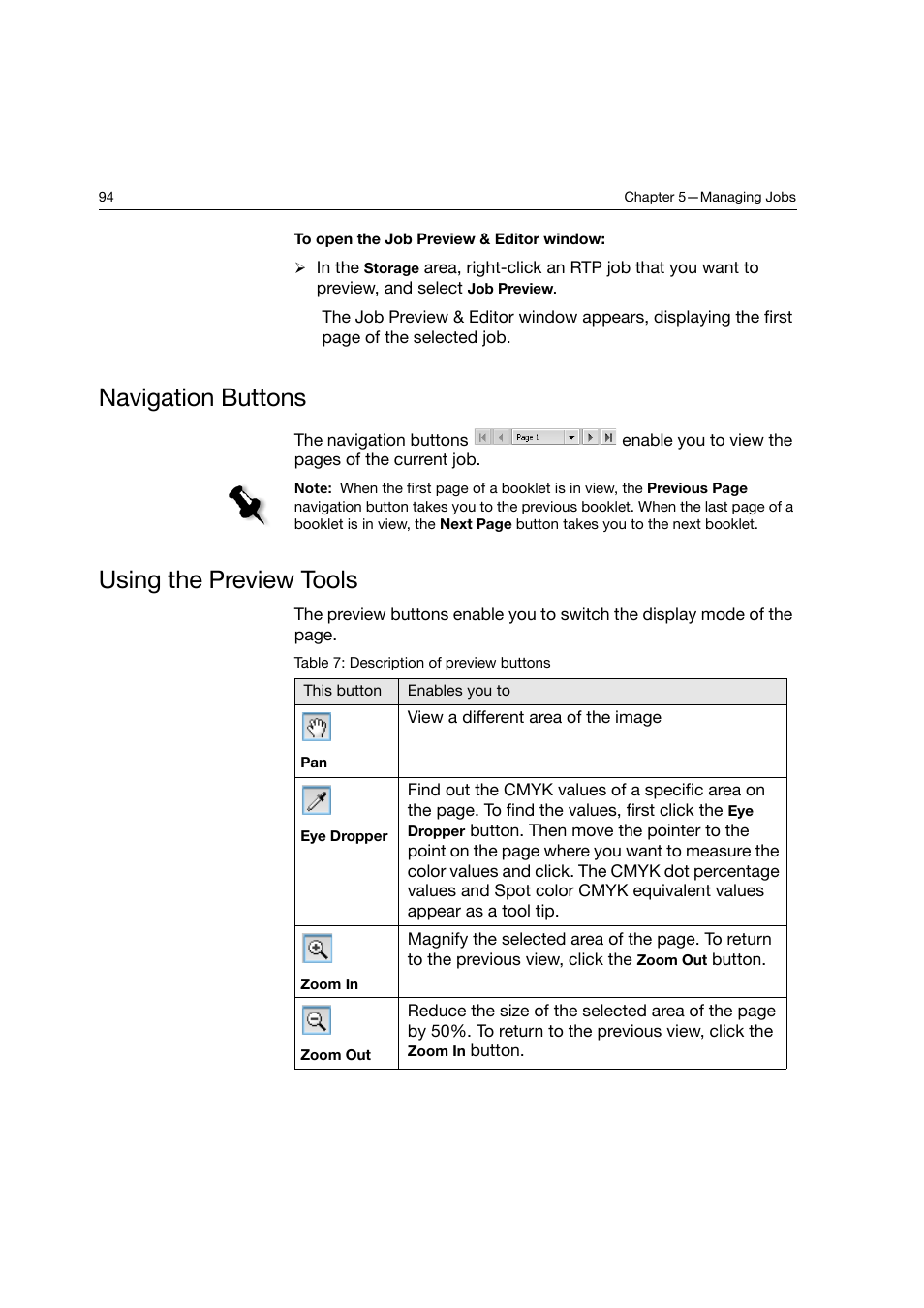 Navigation buttons, Using the preview tools, Navigation buttons using the preview tools | Konica Minolta bizhub PRO C6500P User Manual | Page 102 / 266