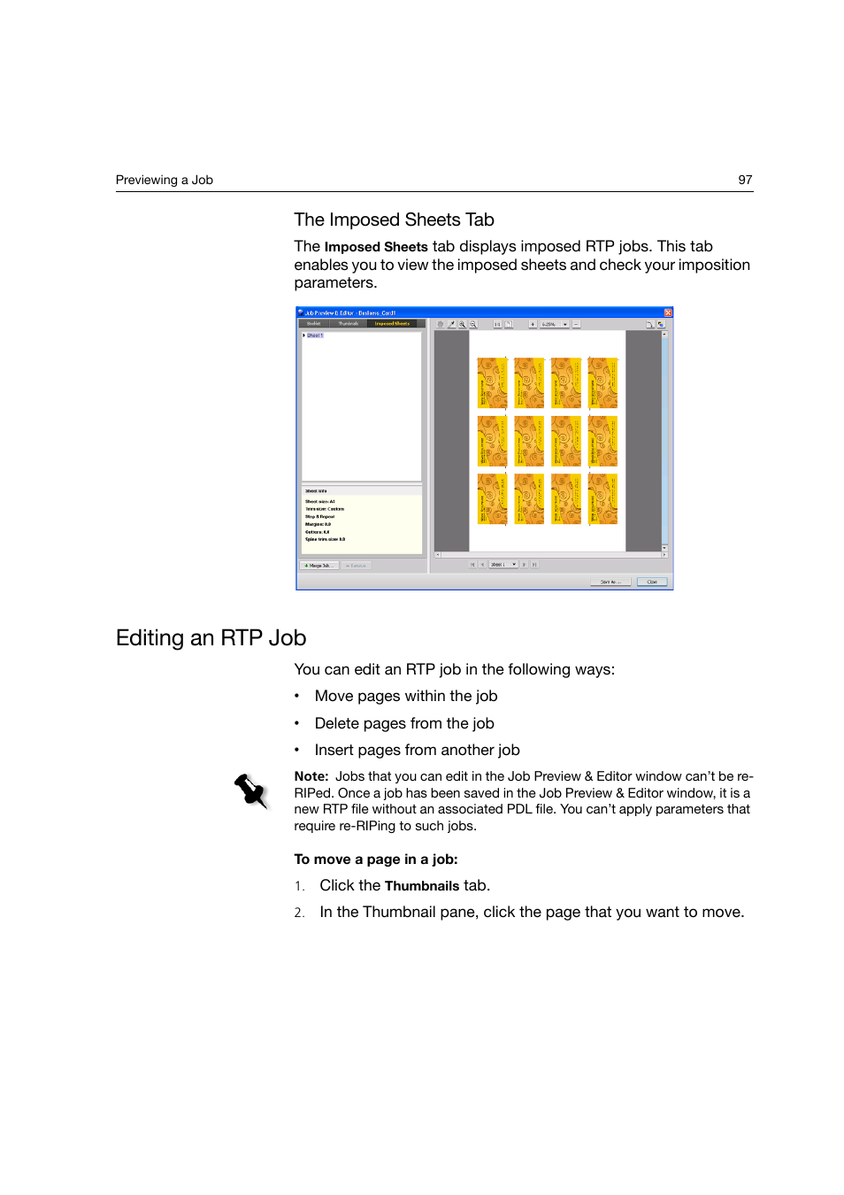 The imposed sheets tab, Editing an rtp job | Konica Minolta bizhub PRO C6500P User Manual | Page 105 / 266