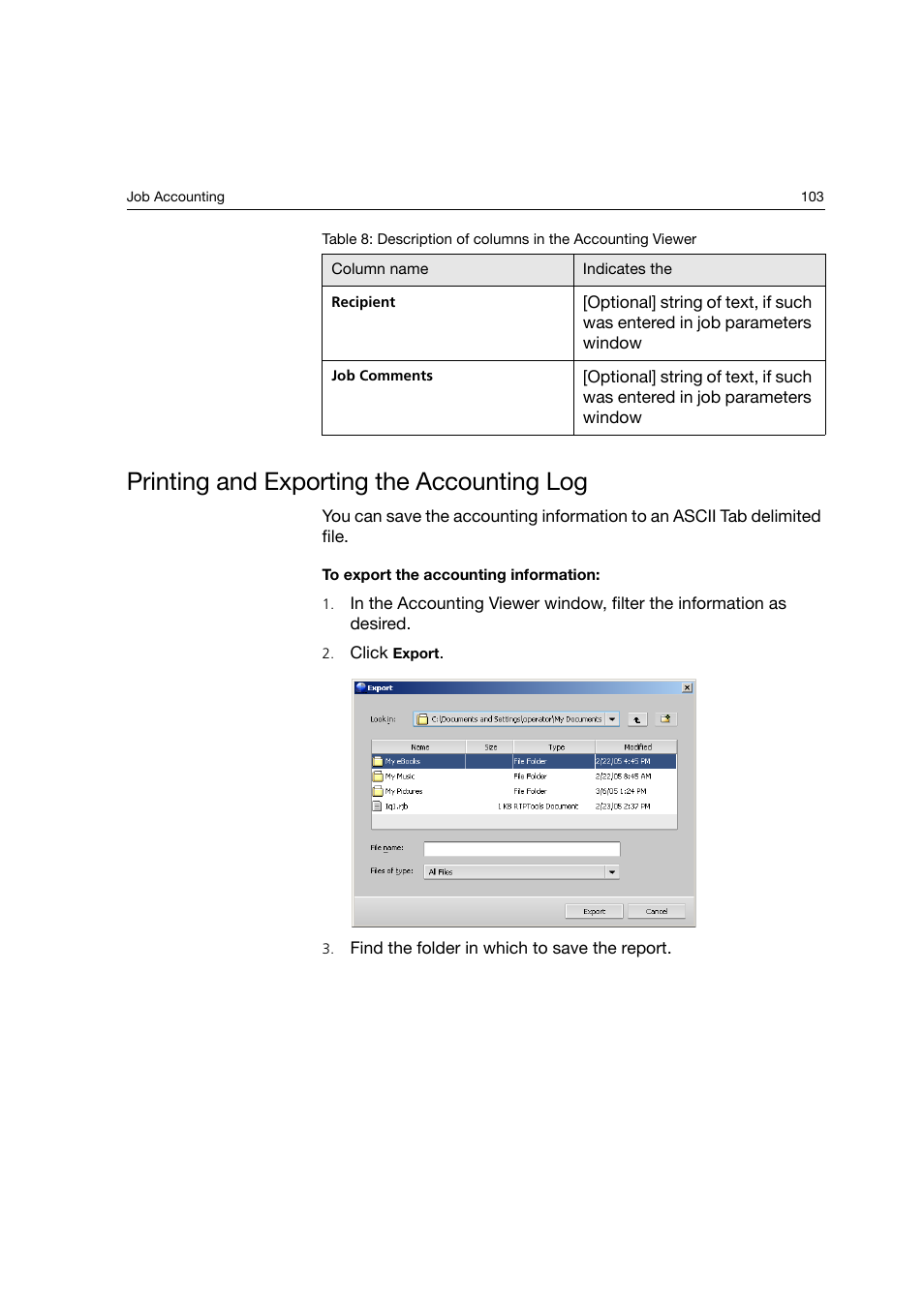 Printing and exporting the accounting log | Konica Minolta bizhub PRO C6500P User Manual | Page 111 / 266