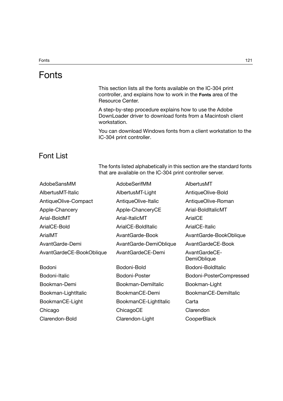 Fonts, Font list | Konica Minolta bizhub PRO C6500P User Manual | Page 129 / 266