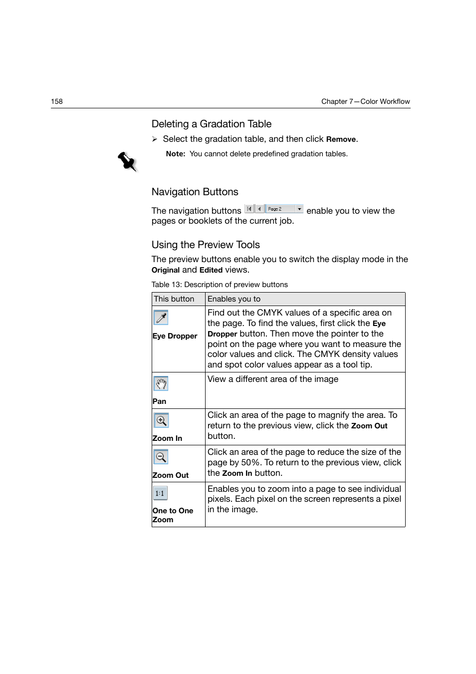 Deleting a gradation table, Navigation buttons, Using the preview tools | Konica Minolta bizhub PRO C6500P User Manual | Page 166 / 266