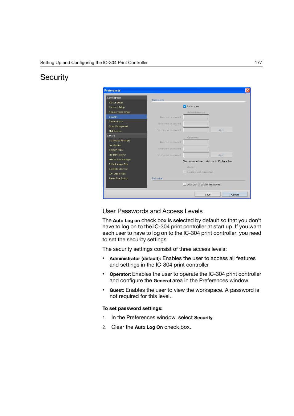 Security, User passwords and access levels | Konica Minolta bizhub PRO C6500P User Manual | Page 185 / 266