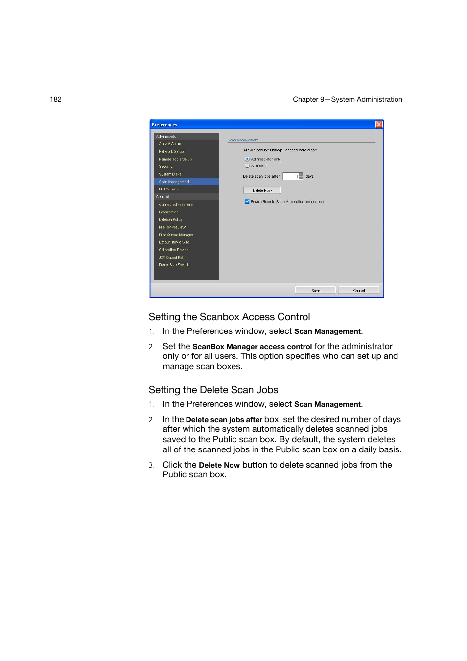 Setting the scanbox access control, Setting the delete scan jobs | Konica Minolta bizhub PRO C6500P User Manual | Page 190 / 266