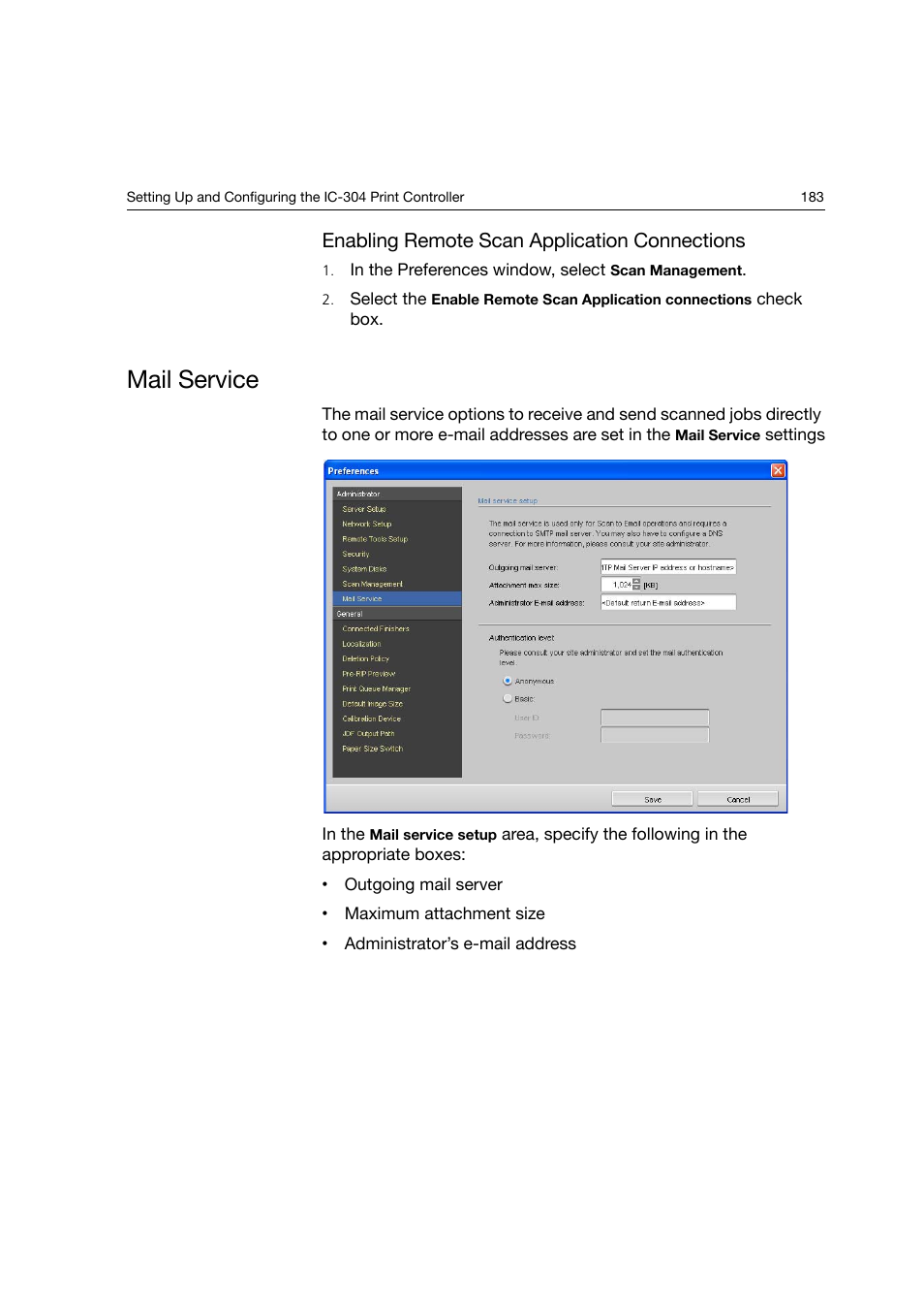 Enabling remote scan application connections, Mail service | Konica Minolta bizhub PRO C6500P User Manual | Page 191 / 266