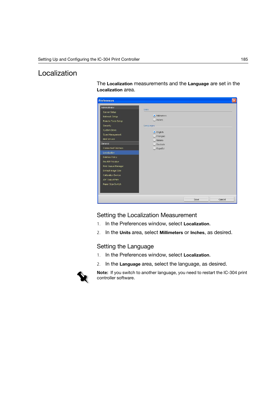 Localization, Setting the localization measurement, Setting the language | Konica Minolta bizhub PRO C6500P User Manual | Page 193 / 266