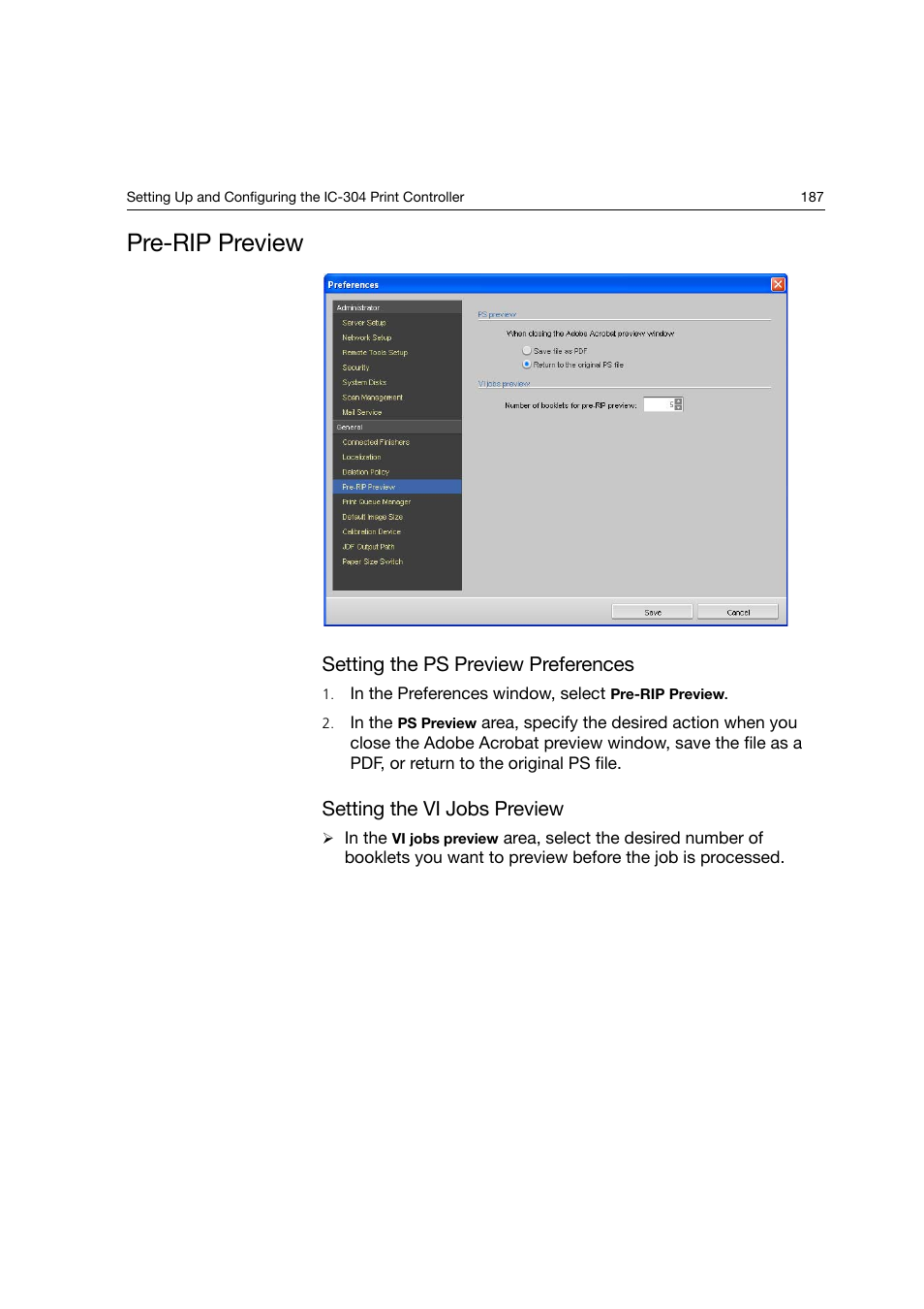 Pre-rip preview, Setting the ps preview preferences, Setting the vi jobs preview | Konica Minolta bizhub PRO C6500P User Manual | Page 195 / 266