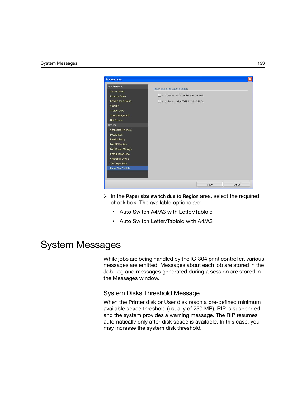 System messages, System disks threshold message | Konica Minolta bizhub PRO C6500P User Manual | Page 201 / 266