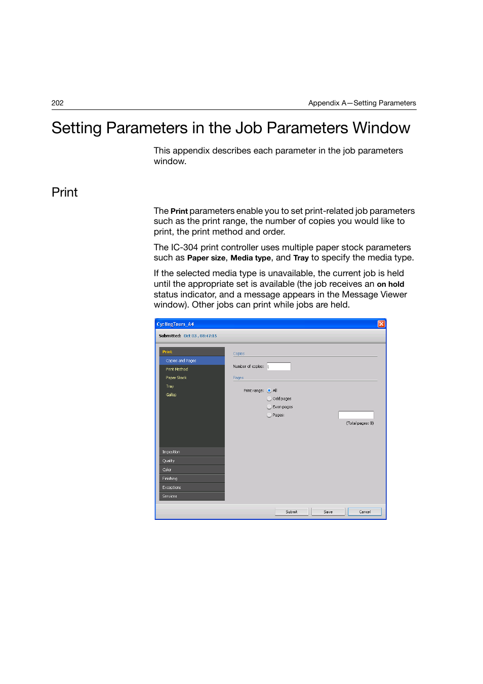 Setting parameters in the job parameters window, Print | Konica Minolta bizhub PRO C6500P User Manual | Page 210 / 266