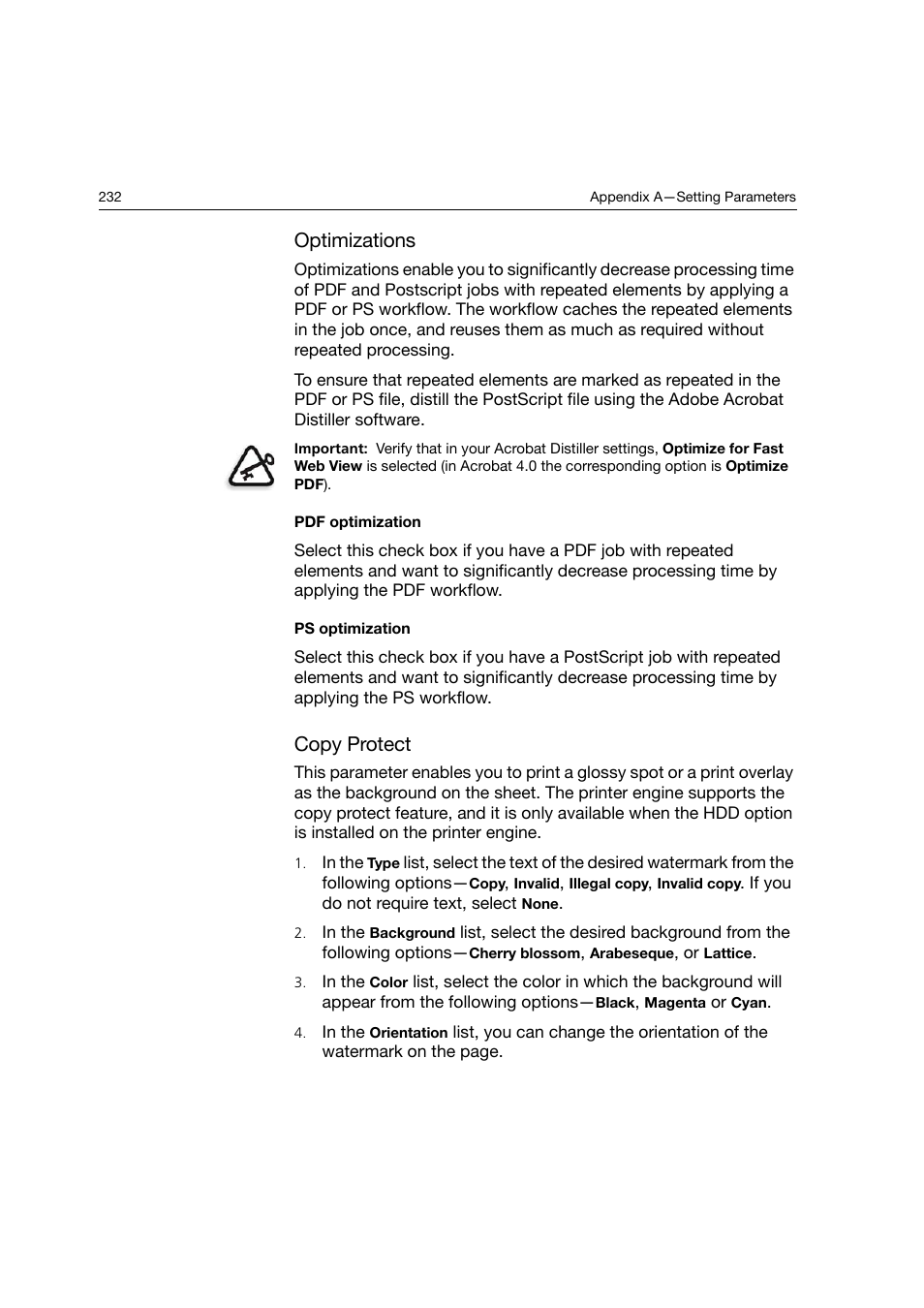 Optimizations, Copy protect | Konica Minolta bizhub PRO C6500P User Manual | Page 240 / 266