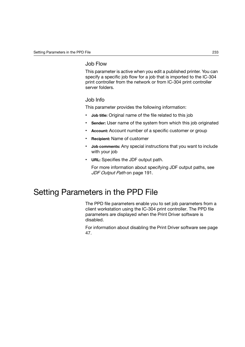 Job flow, Job info, Setting parameters in the ppd file | Konica Minolta bizhub PRO C6500P User Manual | Page 241 / 266