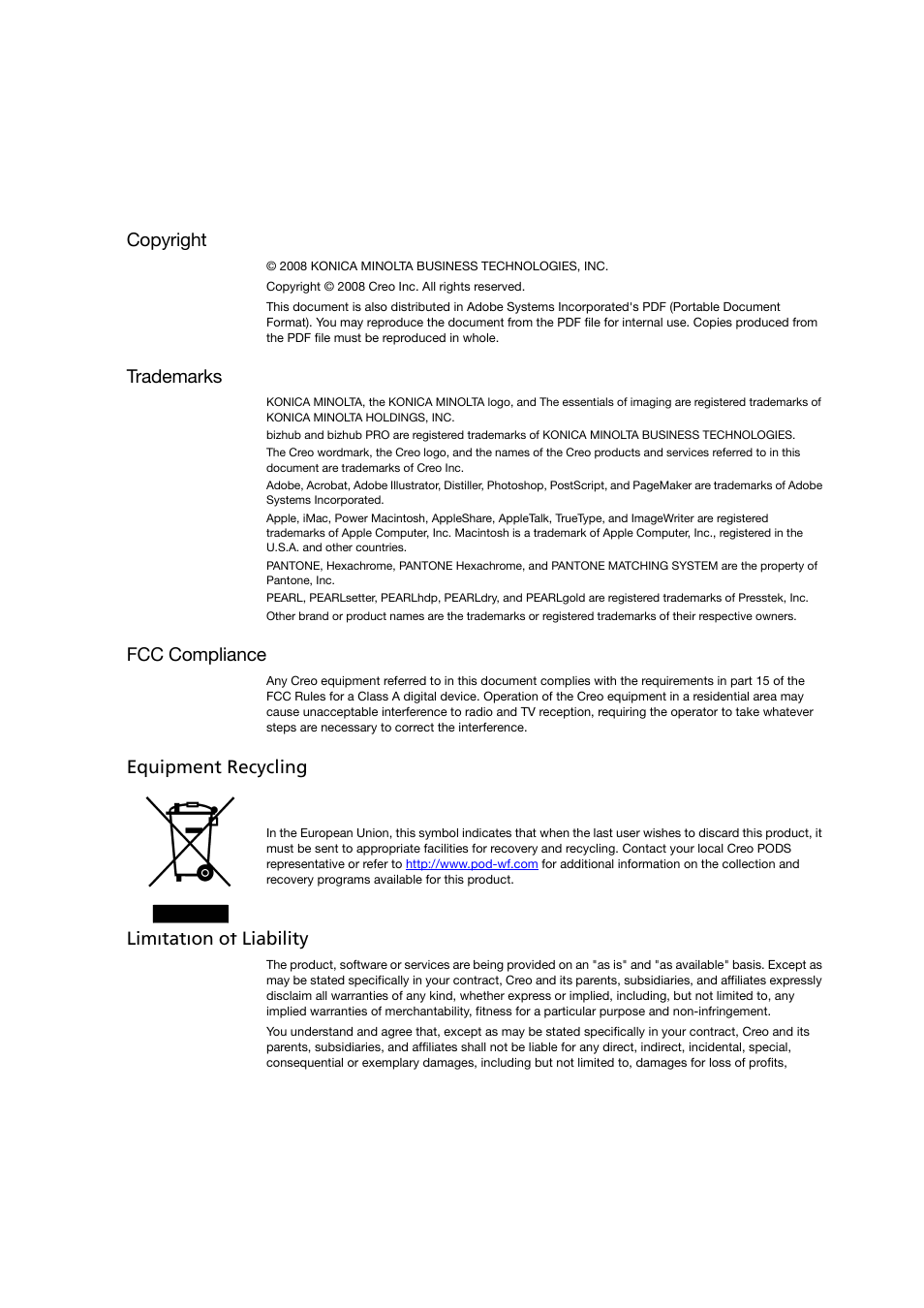 Copyright, Trademarks, Fcc compliance | Equipment recycling, Limitation of liability | Konica Minolta bizhub PRO C6500P User Manual | Page 3 / 266