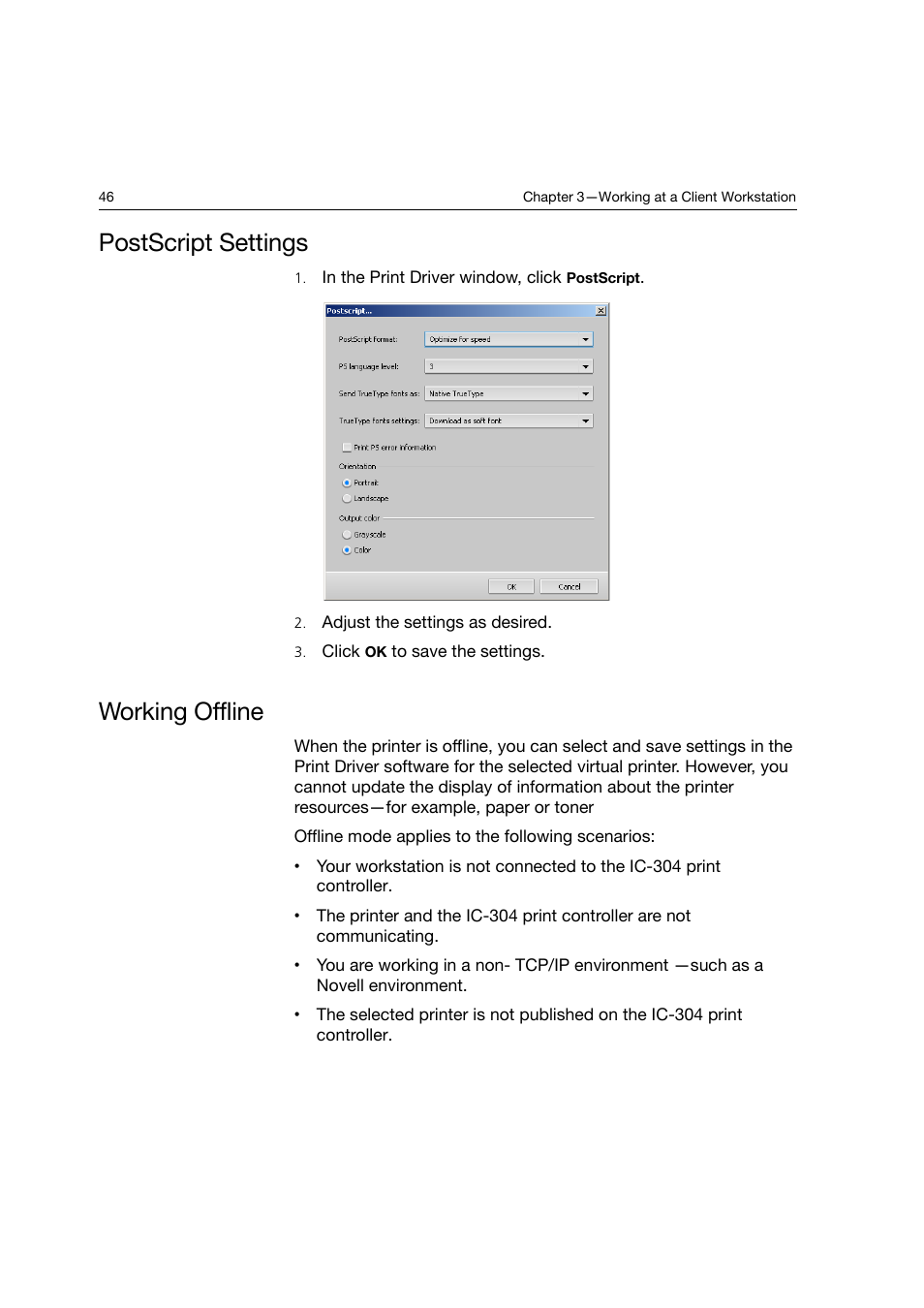 Postscript settings, Working offline, Postscript settings working offline | Konica Minolta bizhub PRO C6500P User Manual | Page 54 / 266