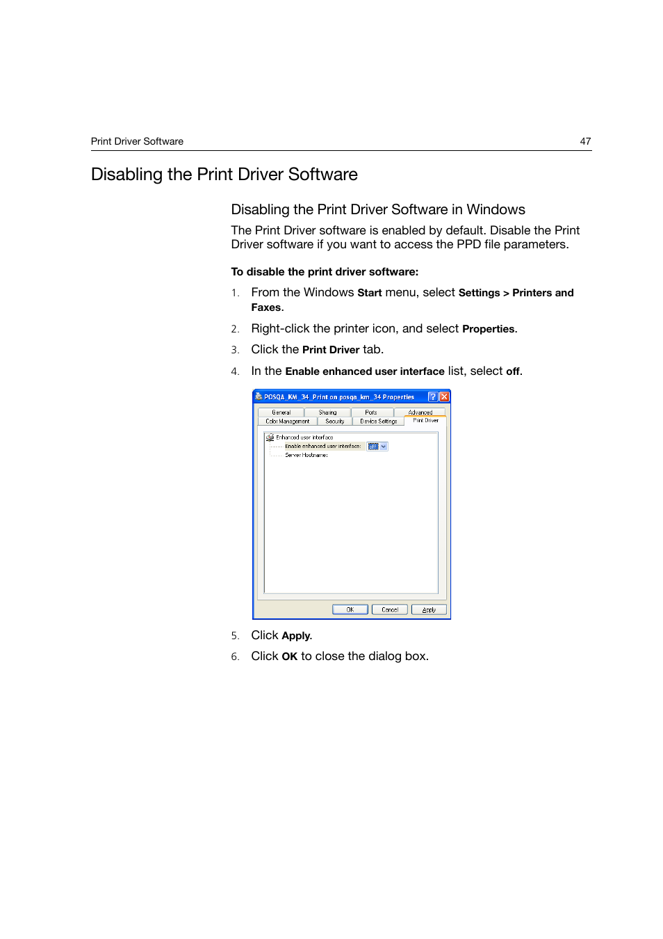 Disabling the print driver software, Disabling the print driver software in windows | Konica Minolta bizhub PRO C6500P User Manual | Page 55 / 266