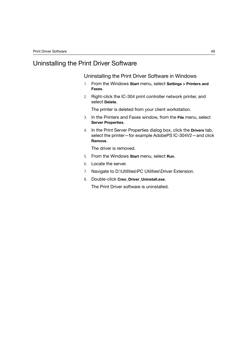 Uninstalling the print driver software, Uninstalling the print driver software in windows | Konica Minolta bizhub PRO C6500P User Manual | Page 57 / 266