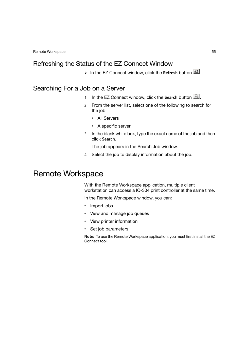 Refreshing the status of the ez connect window, Searching for a job on a server, Remote workspace | Konica Minolta bizhub PRO C6500P User Manual | Page 63 / 266