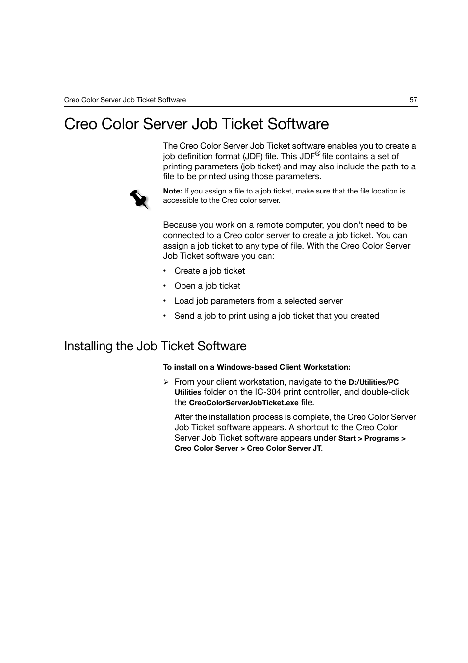 Creo color server job ticket software, Installing the job ticket software | Konica Minolta bizhub PRO C6500P User Manual | Page 65 / 266