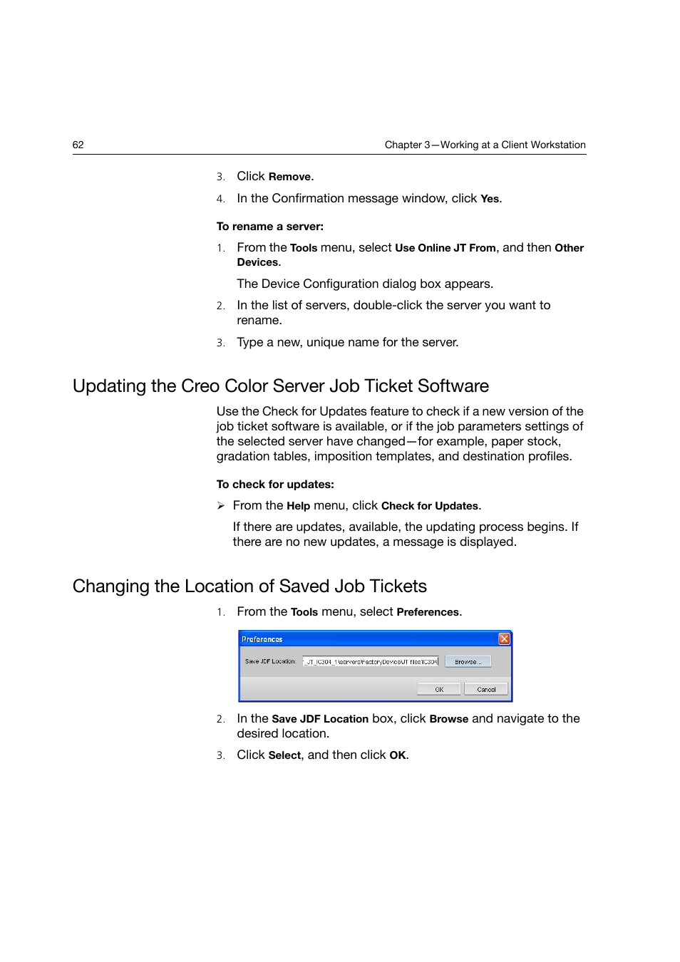 Updating the creo color server job ticket software, Changing the location of saved job tickets | Konica Minolta bizhub PRO C6500P User Manual | Page 70 / 266