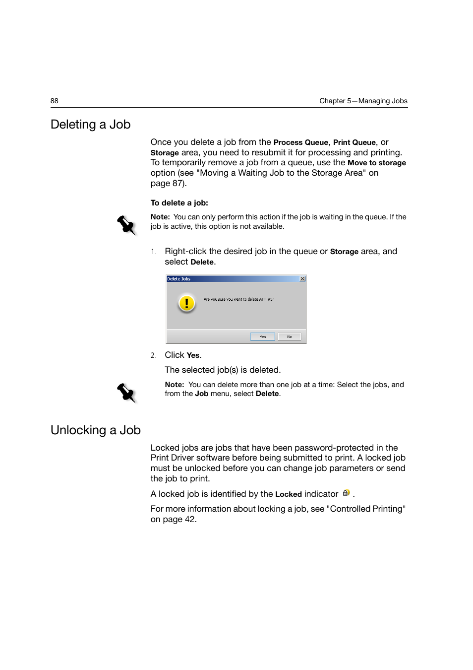 Deleting a job, Unlocking a job, Deleting a job unlocking a job | Konica Minolta bizhub PRO C6500P User Manual | Page 96 / 266