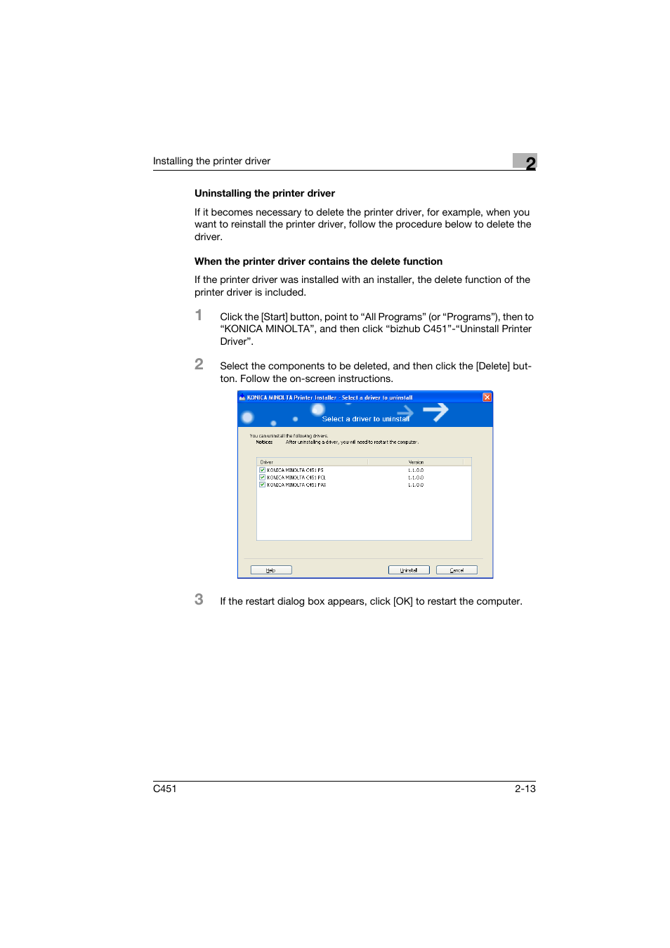 Uninstalling the printer driver | Konica Minolta bizhub C451 User Manual | Page 48 / 102