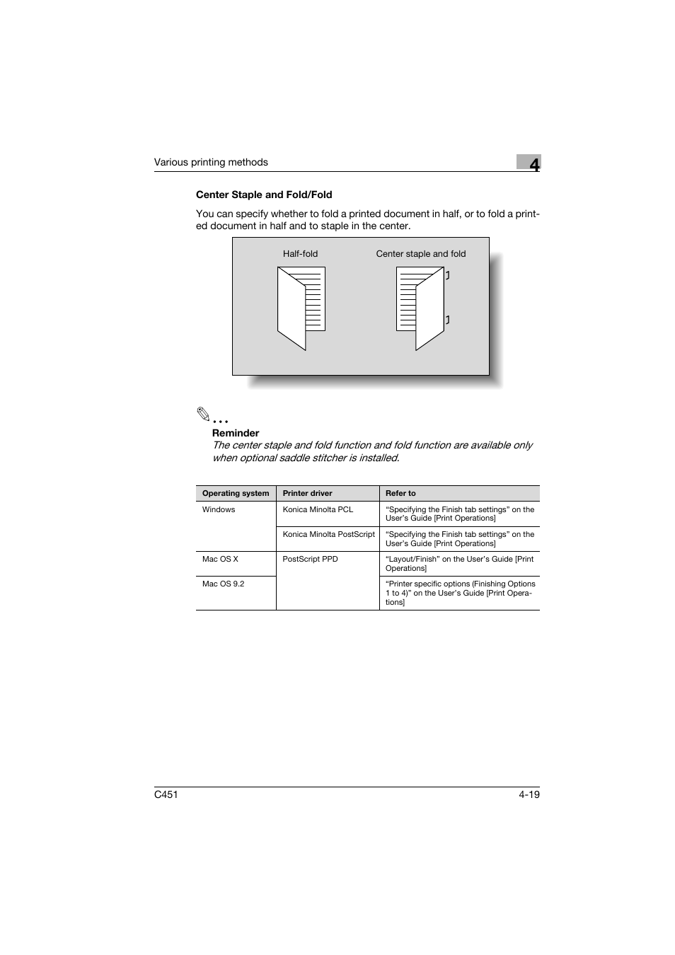 Center staple and fold/fold, Center staple and fold/fold -19 | Konica Minolta bizhub C451 User Manual | Page 80 / 102