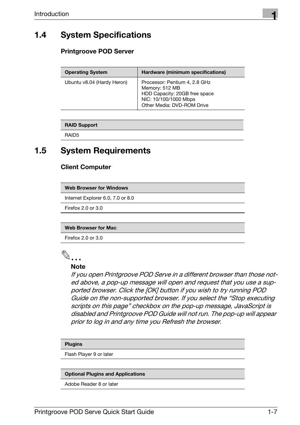 4 system specifications, 5 system requirements, System specifications -7 | System requirements -7 | Konica Minolta Printgroove POD User Manual | Page 10 / 70