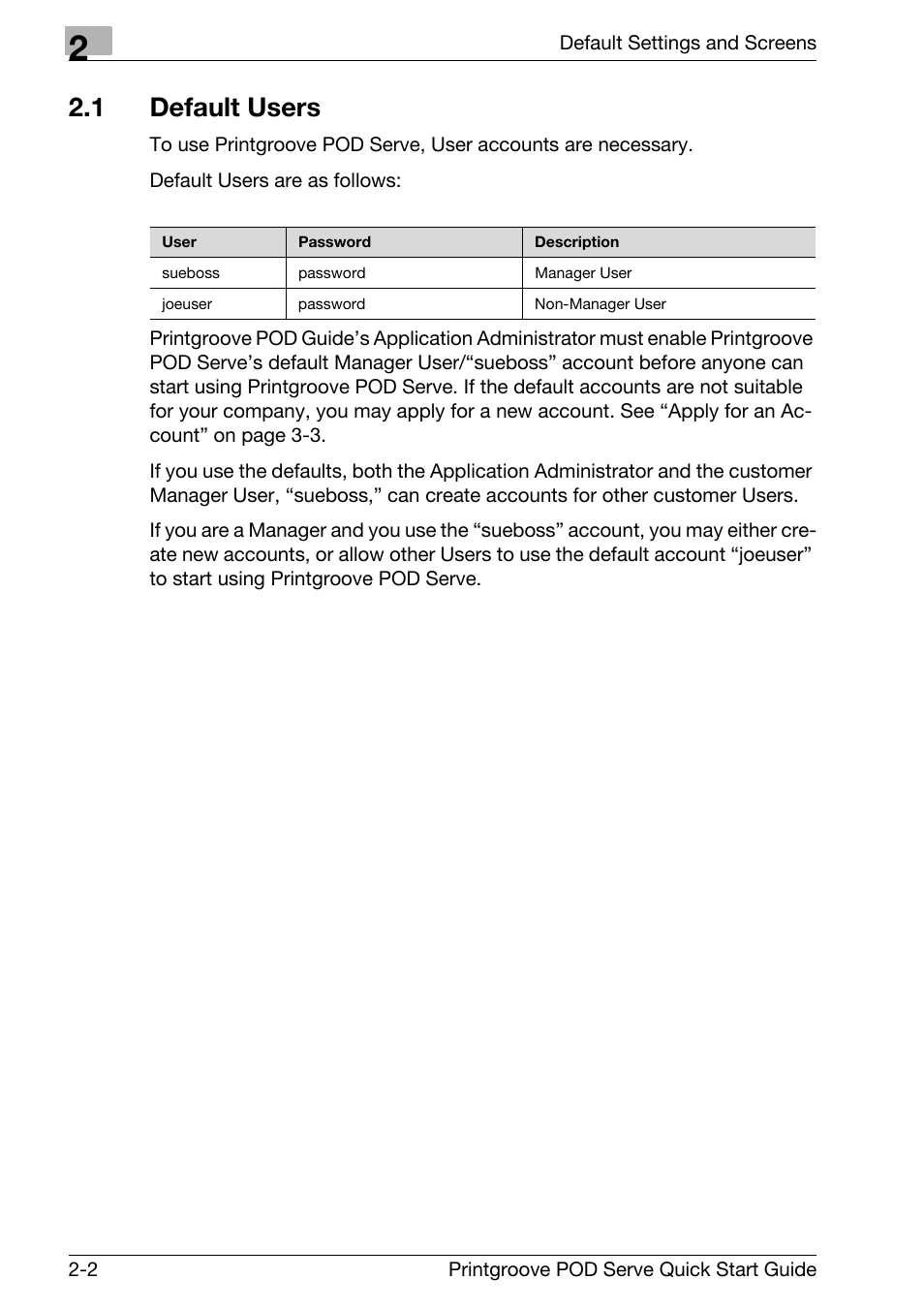 1 default users, Default users -2 | Konica Minolta Printgroove POD User Manual | Page 15 / 70