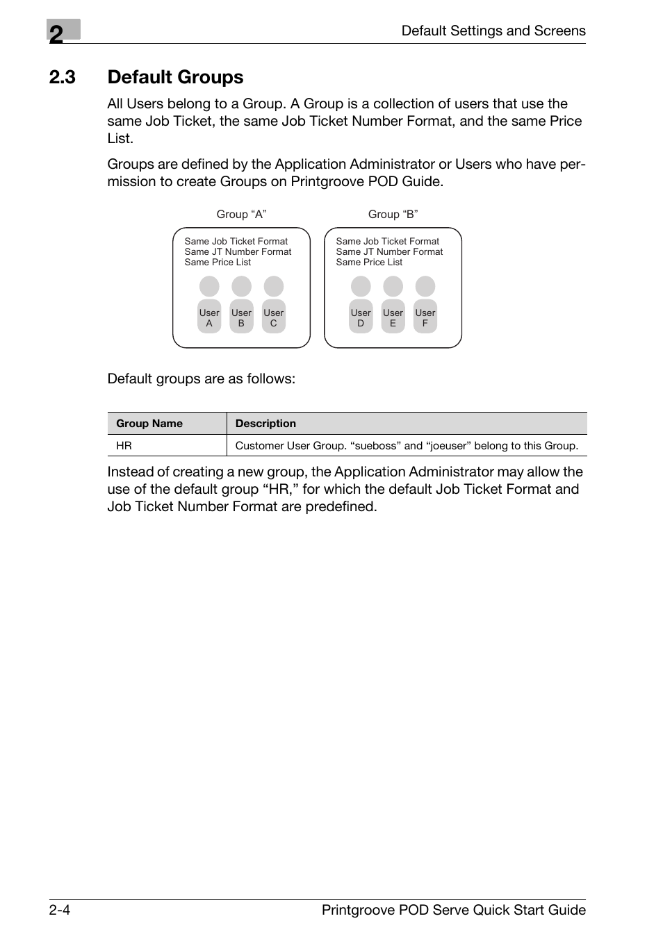 3 default groups, Default groups -4 | Konica Minolta Printgroove POD User Manual | Page 17 / 70