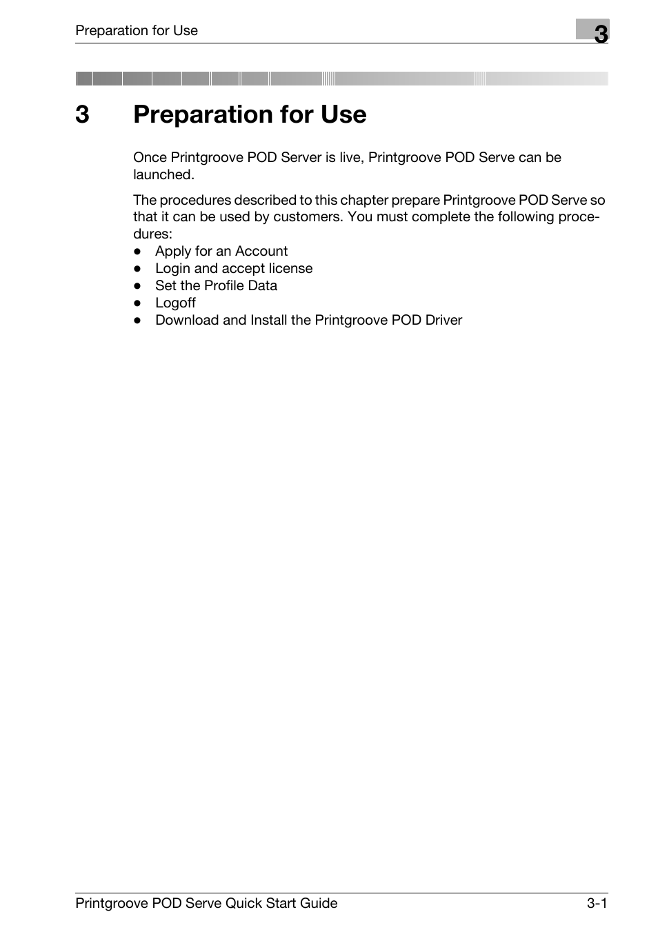 3 preparation for use, Preparation for use, 3preparation for use | Konica Minolta Printgroove POD User Manual | Page 26 / 70