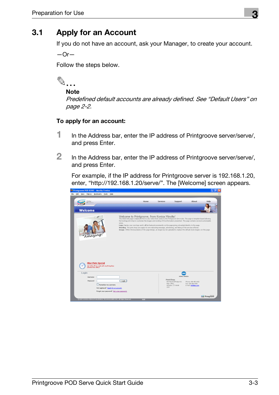 1 apply for an account, Apply for an account -3 | Konica Minolta Printgroove POD User Manual | Page 28 / 70