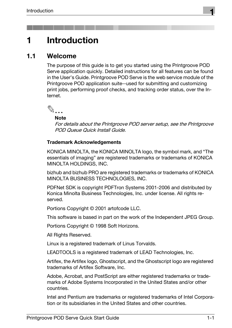 1 introduction, 1 welcome, Introduction | Welcome -1, 1introduction | Konica Minolta Printgroove POD User Manual | Page 4 / 70