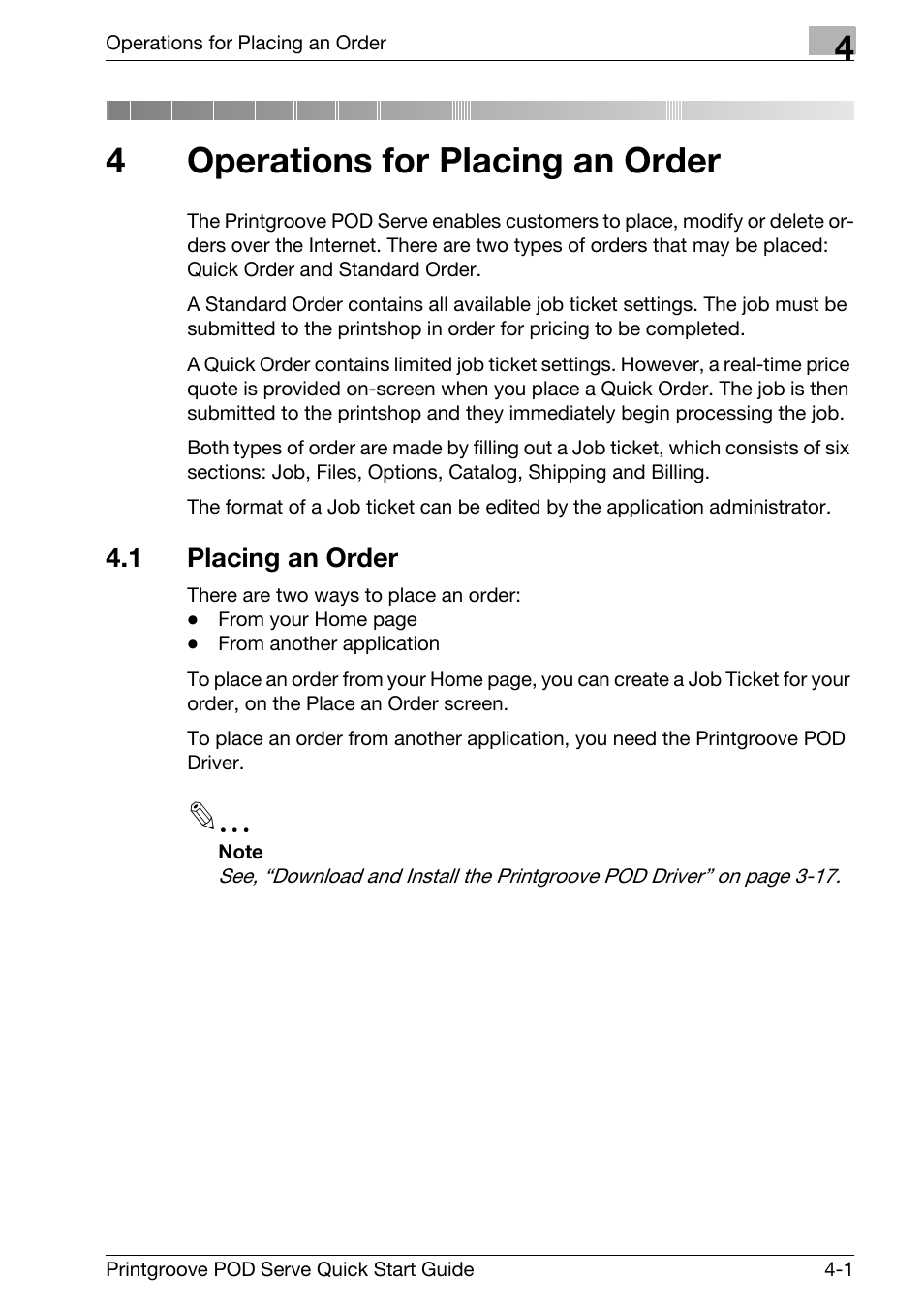 4 operations for placing an order, 1 placing an order, Operations for placing an order | Placing an order -1, 4operations for placing an order | Konica Minolta Printgroove POD User Manual | Page 50 / 70
