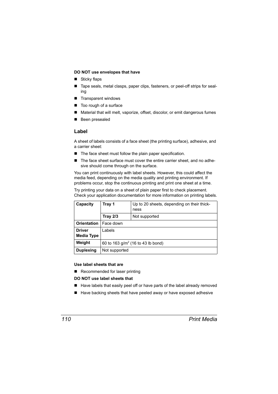 Label, Label 110, Print media 110 | Konica Minolta bizhub C20X User Manual | Page 124 / 346