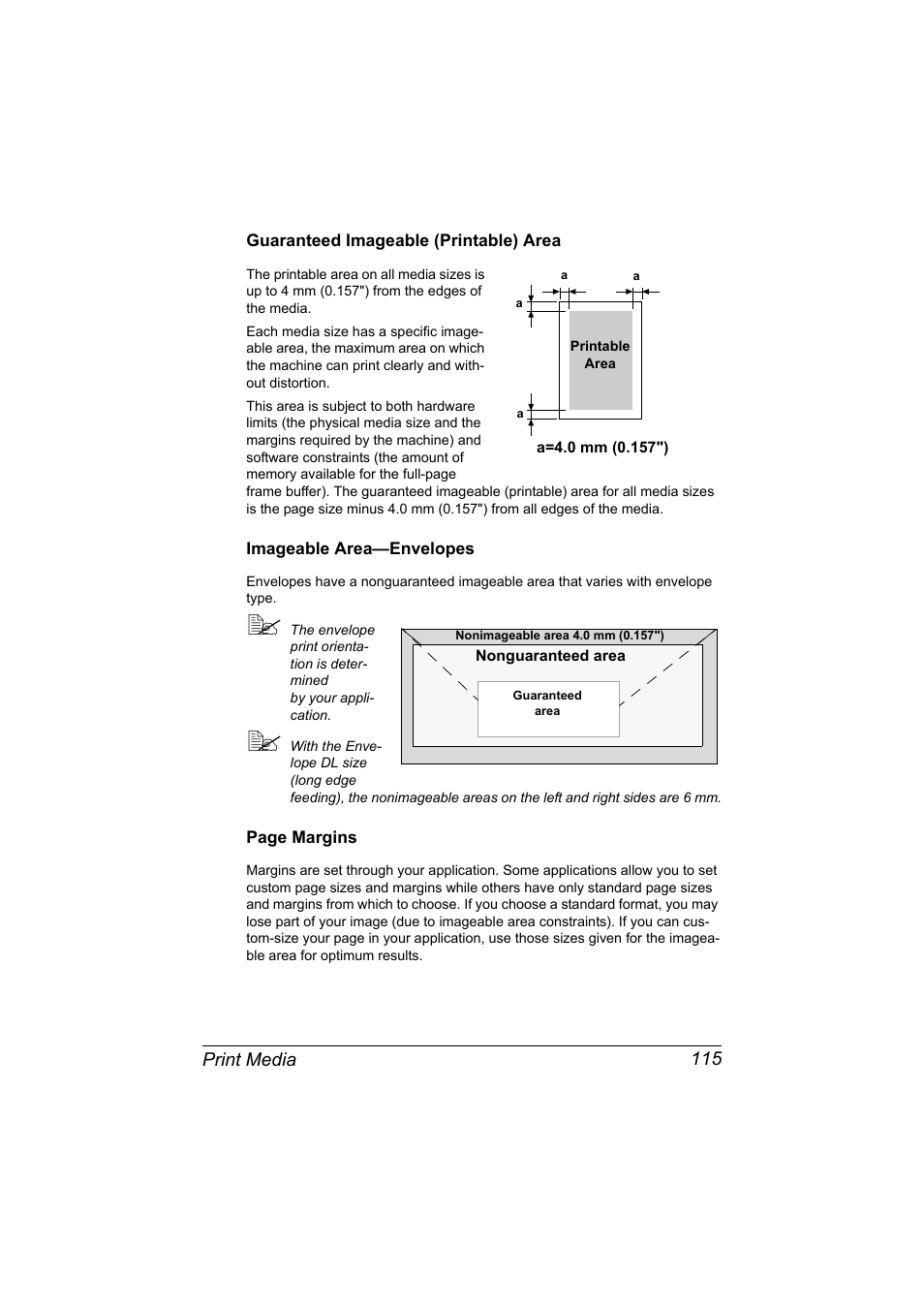 Guaranteed imageable (printable) area, Imageable area-envelopes, Print media 115 | Konica Minolta bizhub C20X User Manual | Page 129 / 346