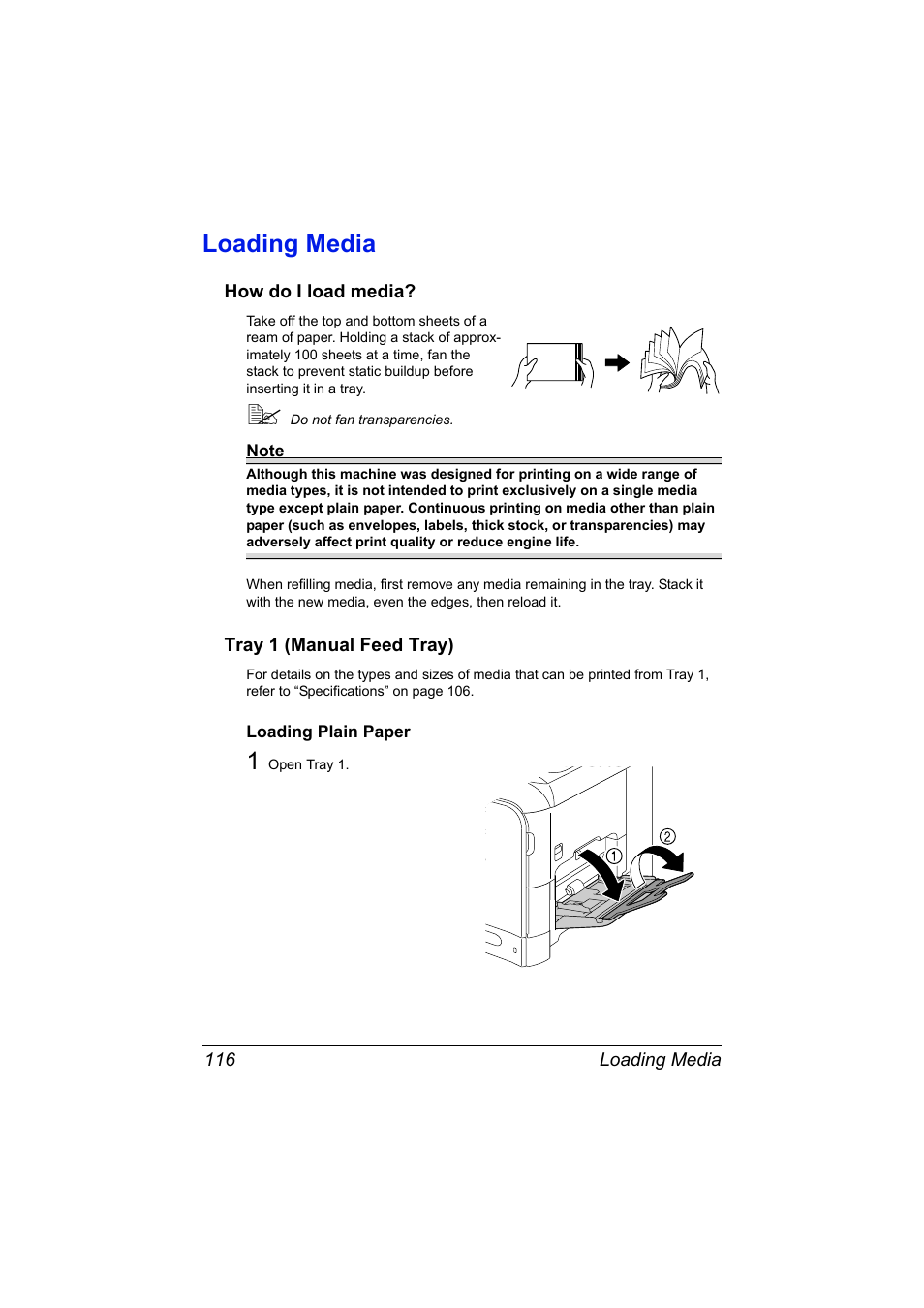 Loading media, How do i load media, Tray 1 (manual feed tray) | Loading plain paper, Loading media 116, Loading plain paper 116 | Konica Minolta bizhub C20X User Manual | Page 130 / 346