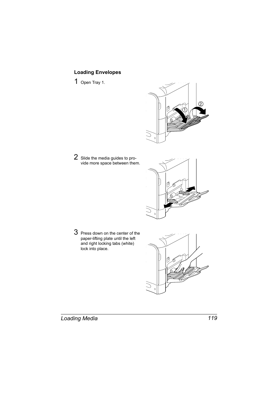 Loading envelopes, Loading envelopes 119 | Konica Minolta bizhub C20X User Manual | Page 133 / 346