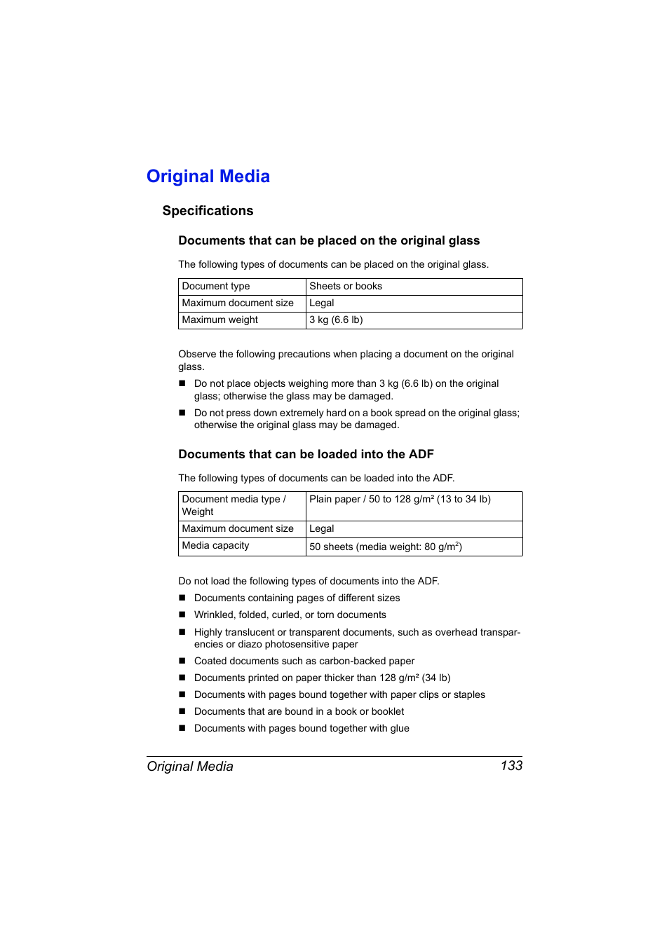 Original media, Specifications, Documents that can be placed on the original glass | Documents that can be loaded into the adf, Original media 133, Specifications 133 | Konica Minolta bizhub C20X User Manual | Page 147 / 346