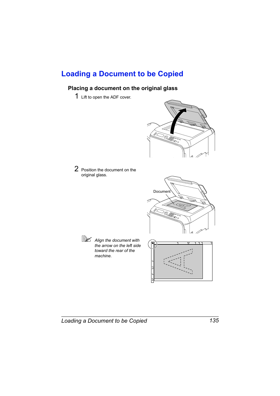 Loading a document to be copied, Placing a document on the original glass, Loading a document to be copied 135 | Placing a document on the original glass 135 | Konica Minolta bizhub C20X User Manual | Page 149 / 346