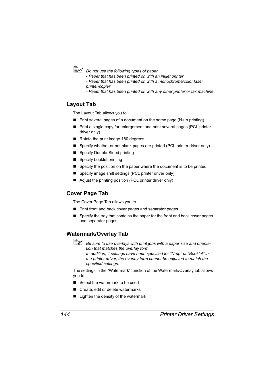 Layout tab, Watermark/overlay tab, Printer driver settings 144 | Cover page tab | Konica Minolta bizhub C20X User Manual | Page 158 / 346