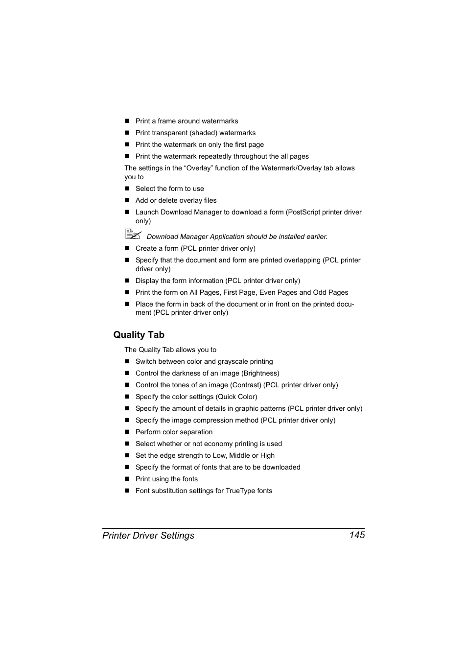 Quality tab, Quality tab 145, Printer driver settings 145 | Konica Minolta bizhub C20X User Manual | Page 159 / 346