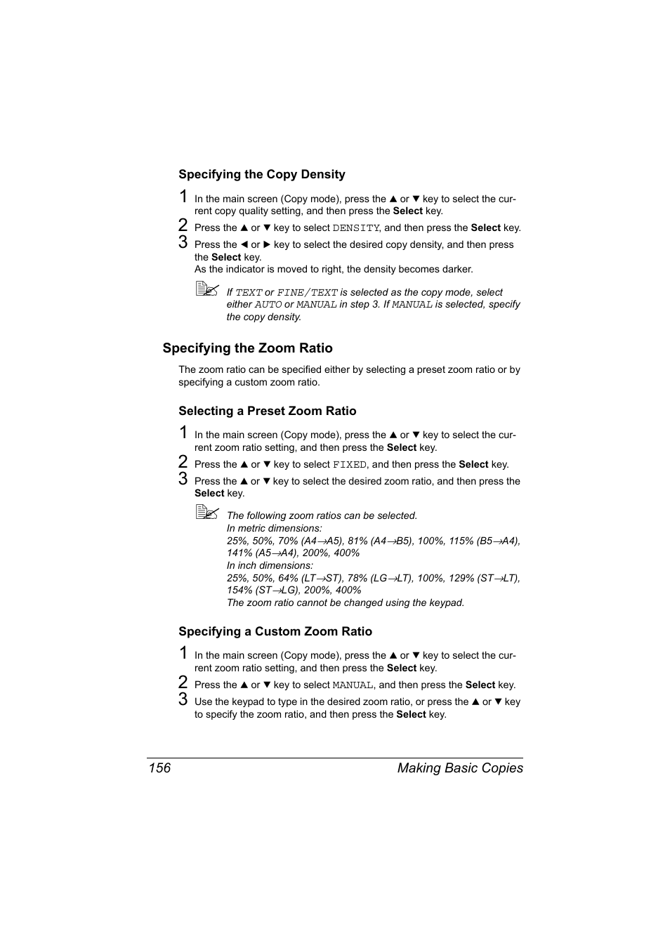 Specifying the copy density, Specifying the zoom ratio, Selecting a preset zoom ratio | Specifying a custom zoom ratio, Specifying the copy density 156, Specifying the zoom ratio 156 | Konica Minolta bizhub C20X User Manual | Page 170 / 346