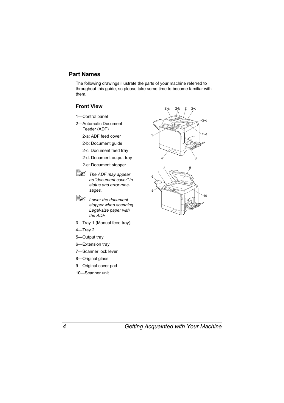 Part names, Front view, Part names 4 | Front view 4, Getting acquainted with your machine 4 part names | Konica Minolta bizhub C20X User Manual | Page 18 / 346