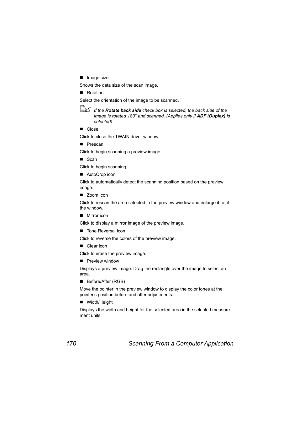Scanning from a computer application 170 | Konica Minolta bizhub C20X User Manual | Page 184 / 346