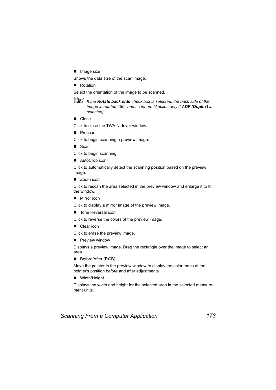Scanning from a computer application 173 | Konica Minolta bizhub C20X User Manual | Page 187 / 346