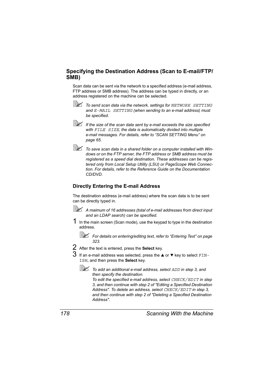 Directly entering the e-mail address, Directly entering the e-mail address 178 | Konica Minolta bizhub C20X User Manual | Page 192 / 346